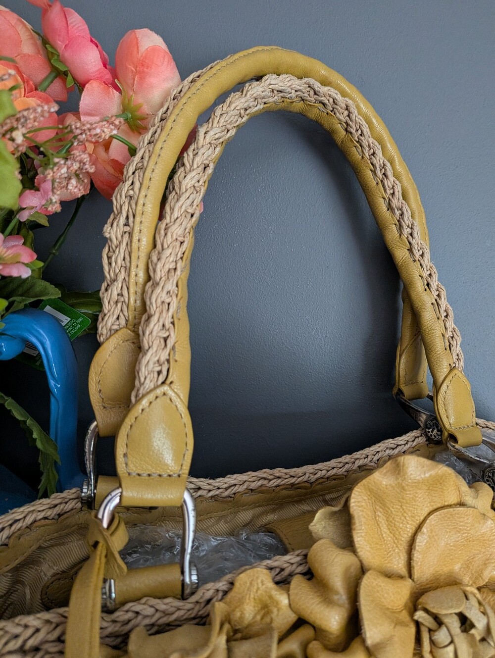 Brighton Soft Woven Handbag with Yellow Leather Floral Trim - Picture 4 of 11